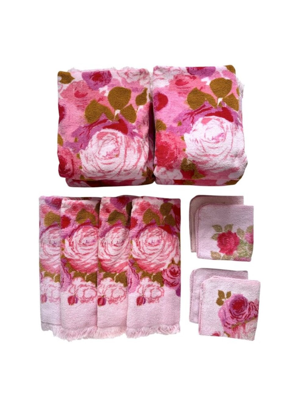 Vintage Cannon Monticello Pink Roses Floral Hand Face Bath Towel 12-pc Set 1970s